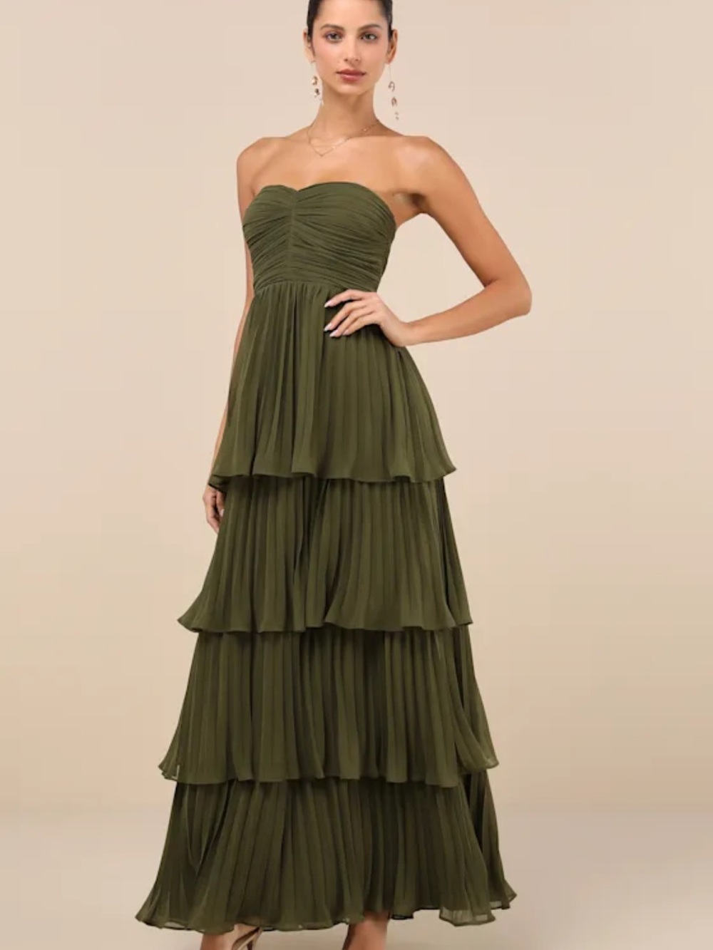 Lulu's Olive Green Strapless Tiered Maxi Dress